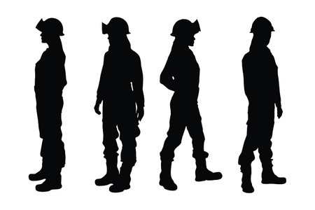 Female mason standing in different position silhouette set vector. Woman bricklayers silhouette bundle on a white background. Girl construction worker with anonymous faces, full body silhouette vectorのイラスト素材