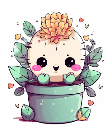 Baby cactus smiling, Cute baby cactus smiling on a flower vase set design. Cute cactus illustration. Cute cactus baby plant art bundle with flowers for adults and kids. AI generated.の素材