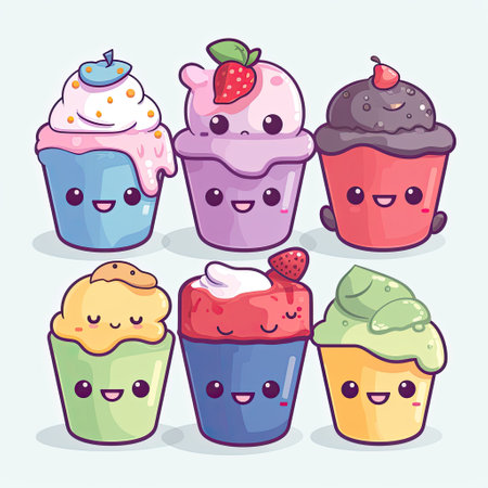 Cupcake cartoon design. Cupcake illustration with colorful toppings. Cupcake cartoon design collection on white backgrounds. Birthday cake with happy faces. Cake illustration set. AI generated.の素材