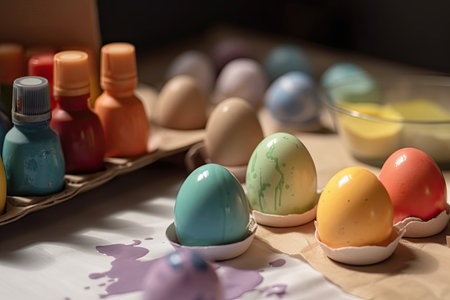 Easter eggs are painted in different colors on a wooden table. Selective focus. AI generated.の素材