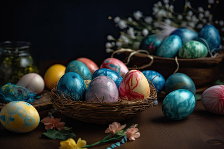 Colorful Easter eggs in a basket on a wooden table. Rustic style. AI generated.の素材