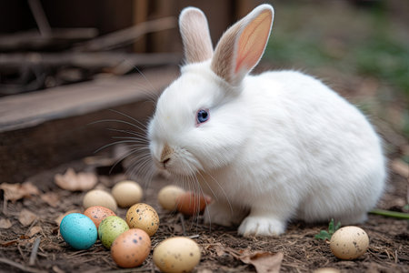 White rabbit with Easter eggs on the ground in the garden. Easter concept. AI generated.の素材