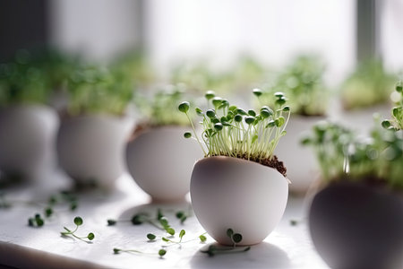 Microgreen sprouts in eggshells on a white background.  AI generated.の素材