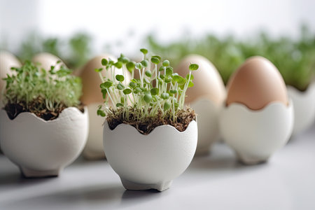 Easter eggs with microgreen sprouts in eggshells.  AI generated.の素材