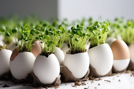 Eggs with microgreen sprouts on a white background. AI generated.の素材