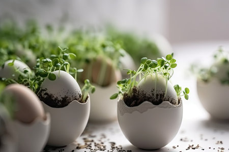Eggs with microgreen sprouts in eggshells on white background.  AI generated.の素材