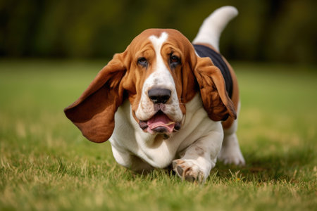 Basset Hound dog running in the grass on a sunny day. AI Generatedの素材