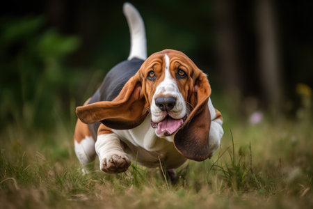 Portrait of a beautiful adult basset hound running in the grass AI Generatedの素材