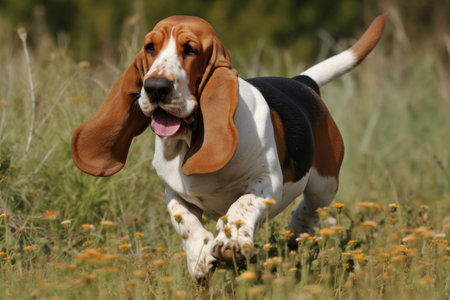 Basset hound running in the field of dandelions AI Generatedの素材