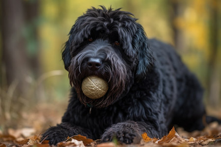 black terrier with a ball in the autumn forest, close-up Ai generatedの素材
