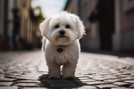 Cute little Maltese dog standing on a cobblestone street Ai generatedの素材