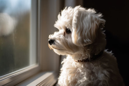 Portrait of a cute Maltese dog looking out the window. Ai generatedの素材