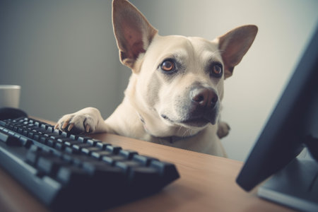 Cute dog working on computer at home in the living room. Ai generatedの素材