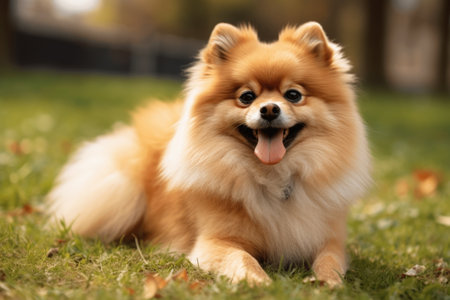 Beautiful Pomeranian dog lying on the grass in the park Ai generatedの素材