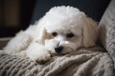 White Bichon Frise dog lying on a sofa at home Ai generatedの素材