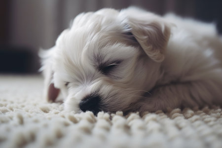 Cute Little Maltese Puppy Sleeping on Carpet at Home Ai generatedの素材