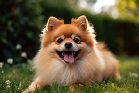 Beautiful Pomeranian dog lying on green grass in the garden Ai generatedの素材