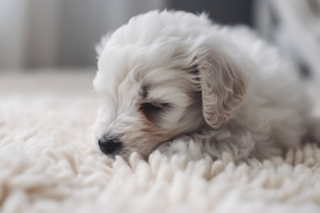 Cute little bichon puppy sleeping on the bed at home. Ai generatedの素材