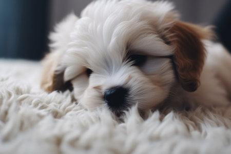 A cute Shih Tzu puppy is lying on the bed. Ai generatedの素材
