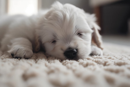 Cute little Maltese puppy sleeping on the carpet at home, closeup Ai generatedの素材