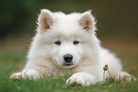 Cute Samoyed puppy lying on the grass in the garden Ai generatedの素材