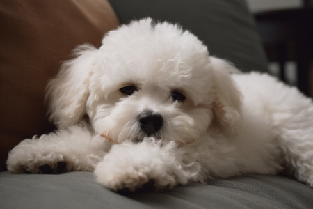 Cute white bichon frise dog lying on the sofa at home Ai generatedの素材