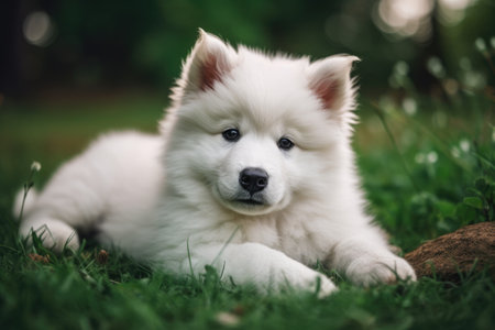 Cute Samoyed puppy lying on the grass in the park Ai generatedの素材