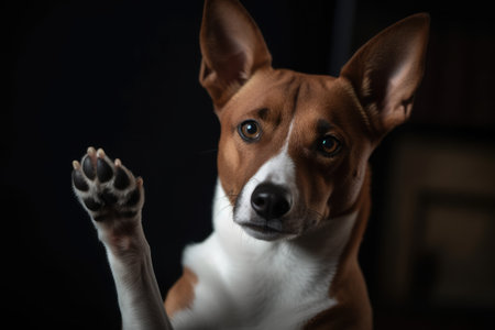 Portrait of Basenji dog with a raised paw on dark background Ai generatedの素材