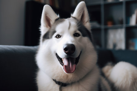Portrait of Siberian husky dog sitting on sofa at home AI Generatedの素材