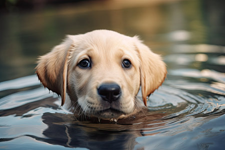 Labrador Retriever puppy swimming in a pool of water. AI Generatedの素材
