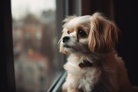 Cute little dog looking out the window. Shih Tzu AI Generatedの素材