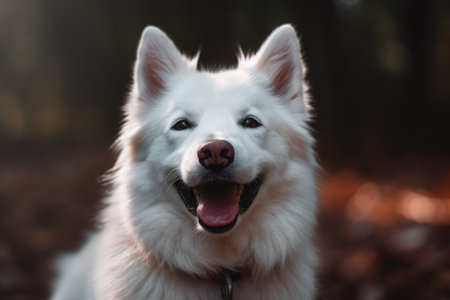 Portrait of a white Samoyed dog in the autumn forest AI Generatedの素材
