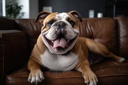 english bulldog lying on sofa and yawning at home in living room AI Generatedの素材