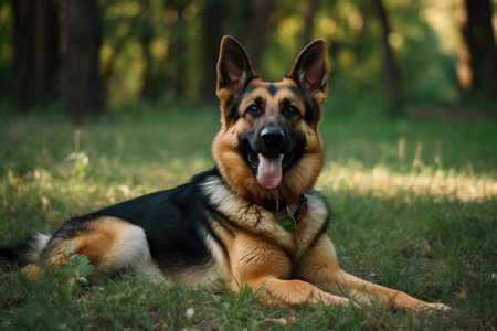 German shepherd dog lying on the grass in the park in summer day AI Generatedの素材