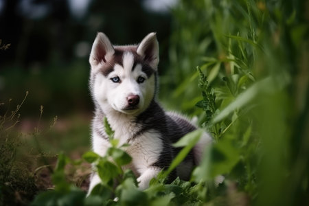 siberian husky puppy sitting in the grass in the park, Cute Siberian husky puppy sitting in the green field, Ai generatedの素材