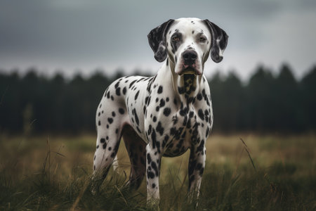 Dalmatian dog standing in the field and looking at camera AI Generatedの素材
