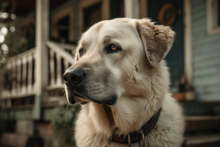 Central Asian Shepherd Dog in front of a wooden door, close up AI Generatedの素材