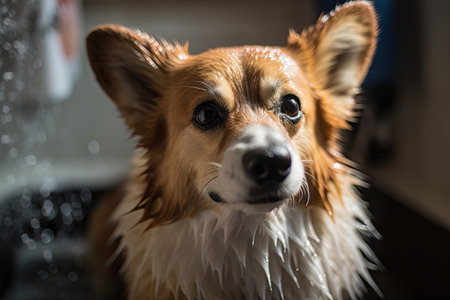 Welsh Corgi Pembroke in a shower. AI Generatedの素材