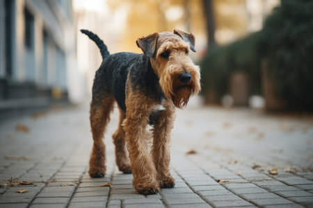 Airedale Terrier is walking on the street in autumn. AI Generatedの素材