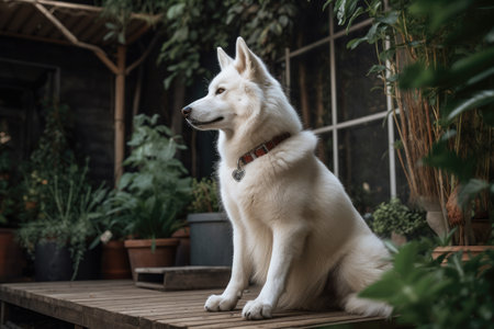 Portrait of a beautiful white Siberian husky dog sitting in the garden AI Generatedの素材