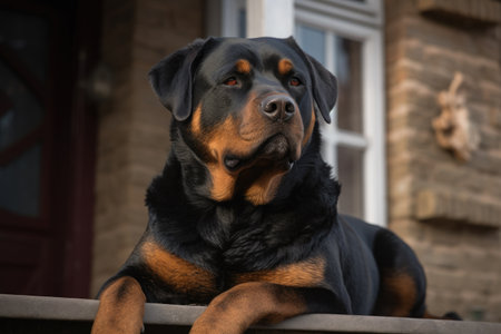 Portrait of a rottweiler in front of the house AI Generatedの素材