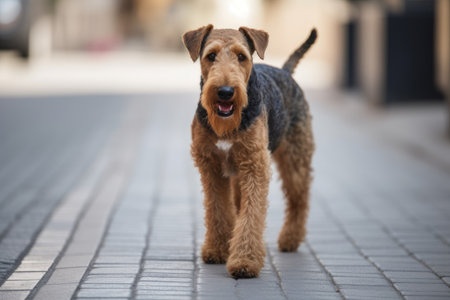 Airedale Terrier is walking in the city. Selective focus. AI Generatedの素材