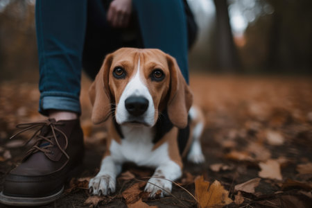 Beagle dog sitting on the ground in the autumn forest with his owner AI Generatedの素材