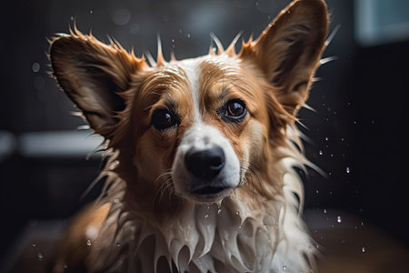 Portrait of a wet Welsh Corgi Pembroke AI Generatedの素材