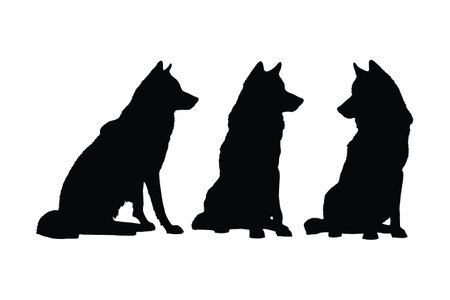 Wild wolves sitting in different positions. Wolf full body silhouette collection. Carnivore wolves silhouette bundle vector. Dangerous wild animals like wolf, silhouettes on a white background.のイラスト素材