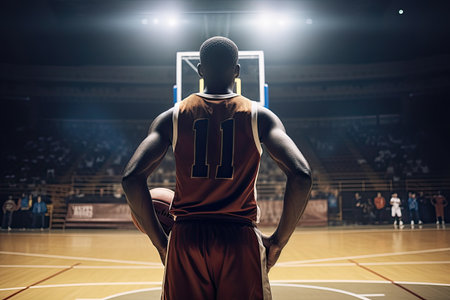Rear view of basketball player standing with hands on hips against basketball court, A basketball player full rear view standing with basketball  AI Generatedの素材