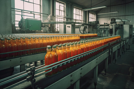 Bottles of orange juice on a conveyor belt in a factory, A beverage plant factory interior view with a conveyor system, AI Generatedの素材