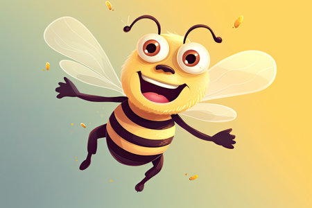 Vector illustration of a happy cartoon bee flying on the yellow background. A cartoon bee with a happy face and arm raised in a cheerful gesture. AI Generatedの素材