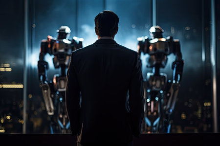 Rear view of businessman standing in front of robot in dark room, A businessman looking at a digital hologram display. AI Generatedの素材