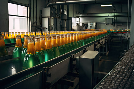 Bottling line of orange juice in bottles on a conveyor belt, A beverage plant factory interior view with a conveyor system, AI Generatedの素材